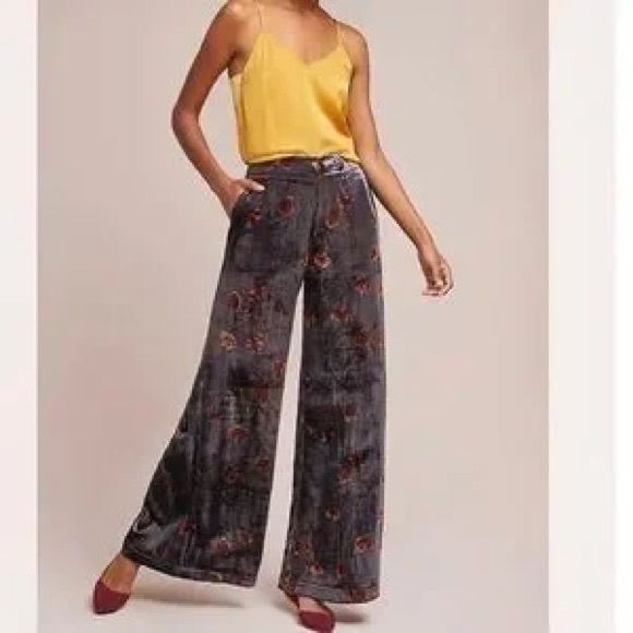 Ett:twa by Anthropologie Jessie Pants - Dark Floral Velvet Wide-Leg Palazzo - Picture 2 of 6